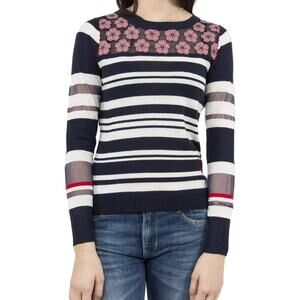 Desigual Womens Navy Long Sleeve Sweater Top Floral Striped Size M Boho Chic